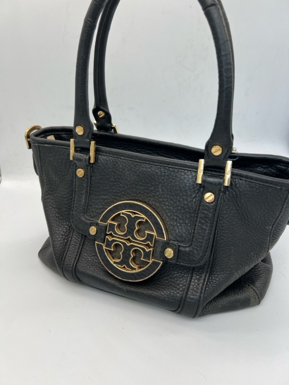 Tory Burch Black Pebbled Leather Shoulder Tote with Gold Logo